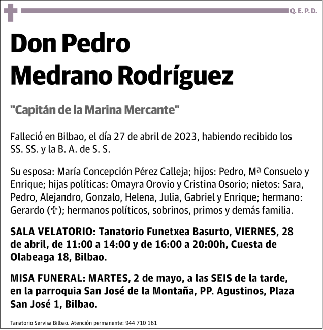 Pedro Medrano Rodríguez Esquela Necrológica El Correo