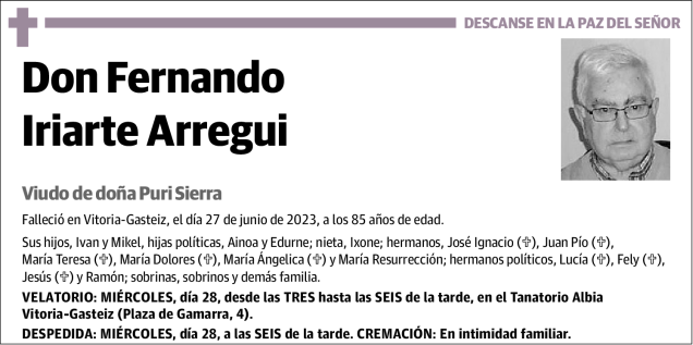 Fernando Iriarte Arregui | Esquela Necrológica | El Correo