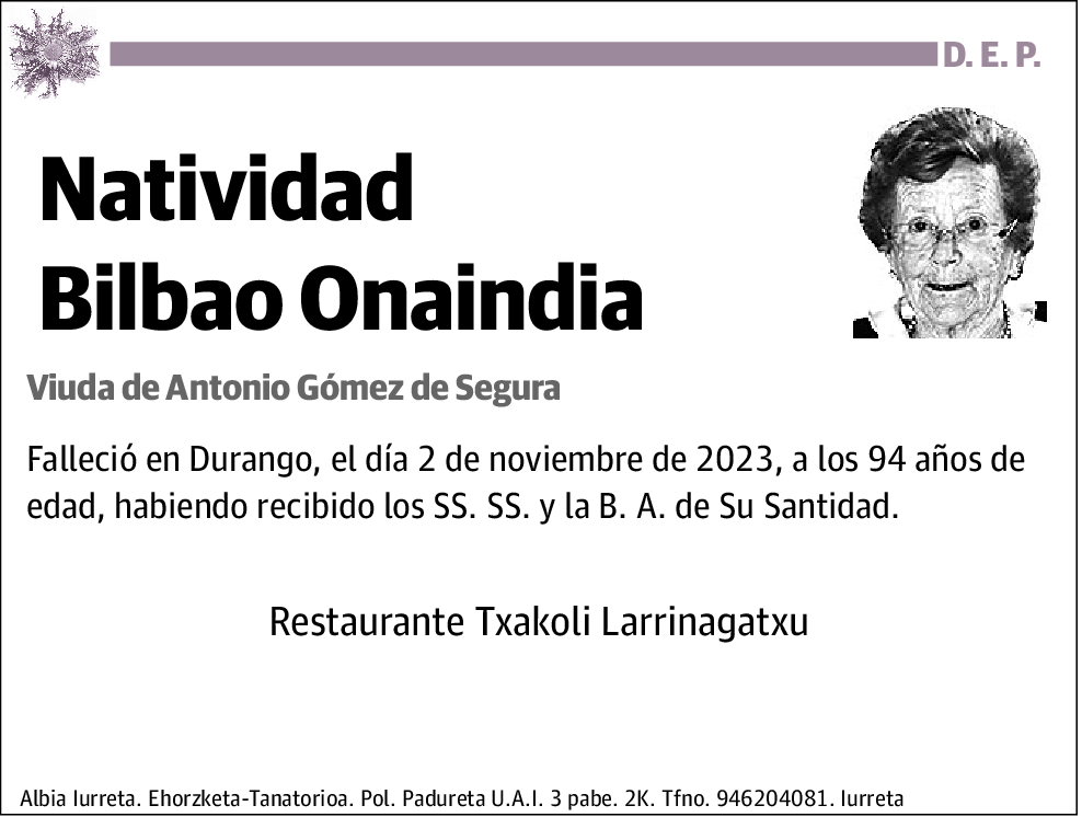 BILBAO ONAINDIA, NATIVIDAD