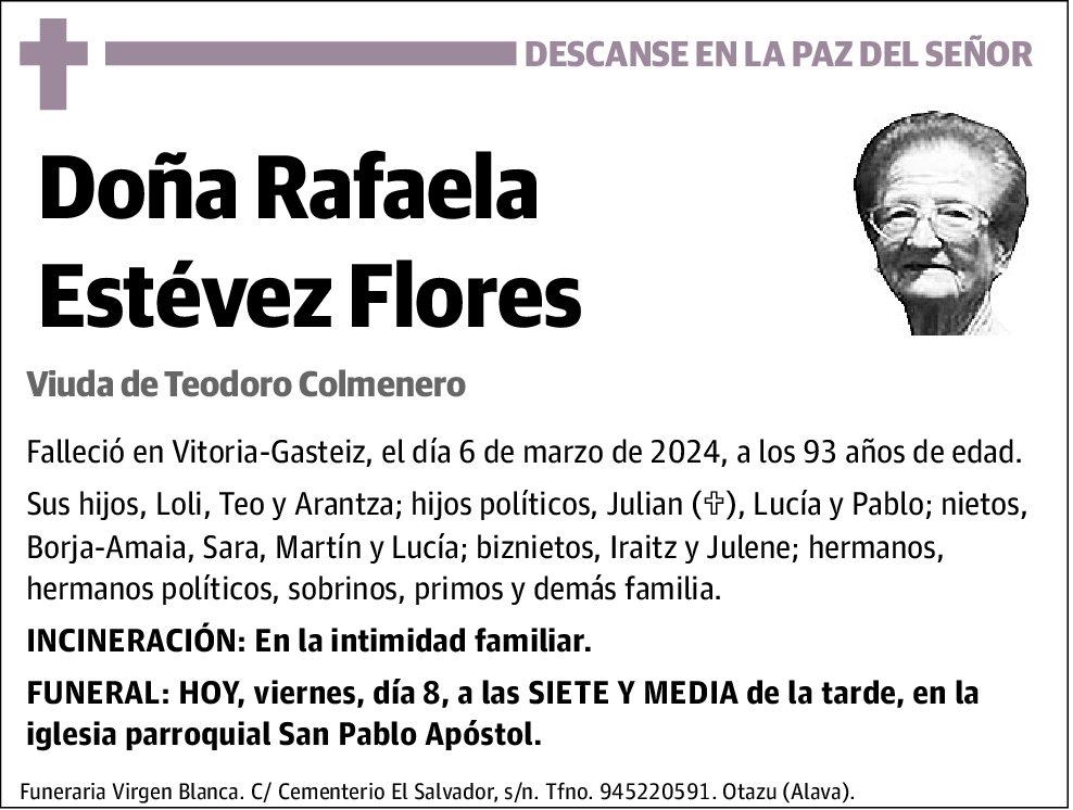 Rafaela Estevez Flores | Esquela | El Correo