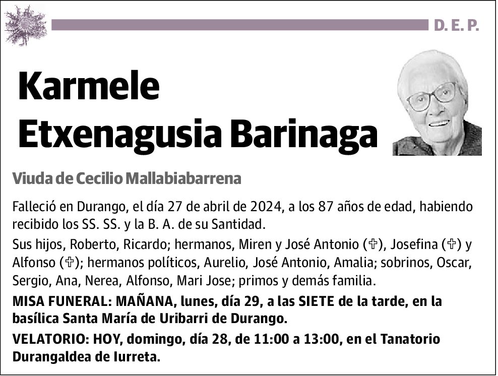 Karmele Etxenagusia Barinaga