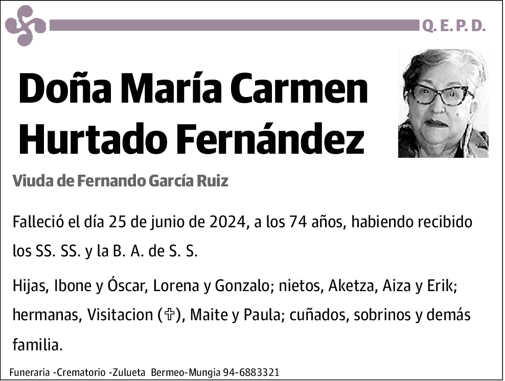 María Carmen Hurtado Fernández | Esquela | El Correo