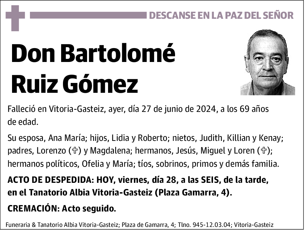 Bartolomé Ruiz Gómez | Esquela | El Correo