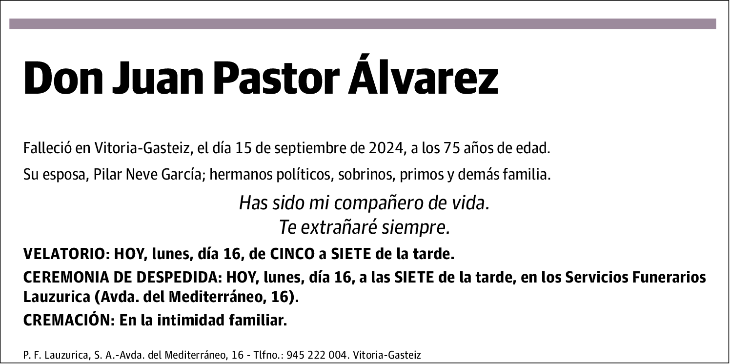 Juan Pastor Álvarez | Esquela | El Correo