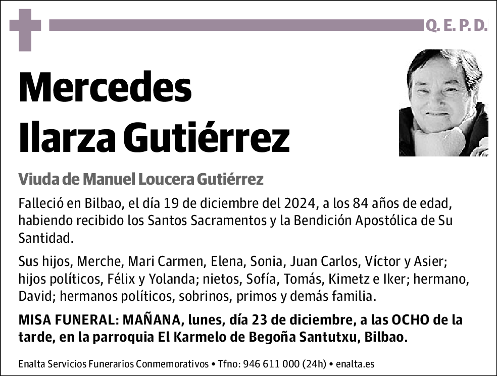 Mercedes Ilarza Gutiérrez | Esquela | El Correo