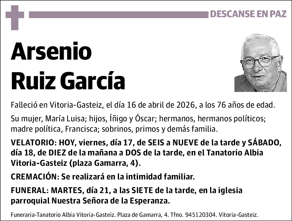 Arsenio Ruiz García | Esquela | El Correo