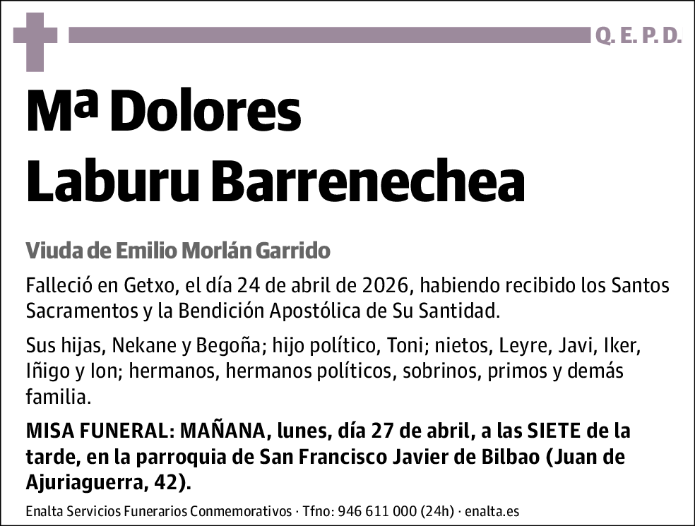 Mª Dolores Laburu Barrenechea | Esquela | El Correo