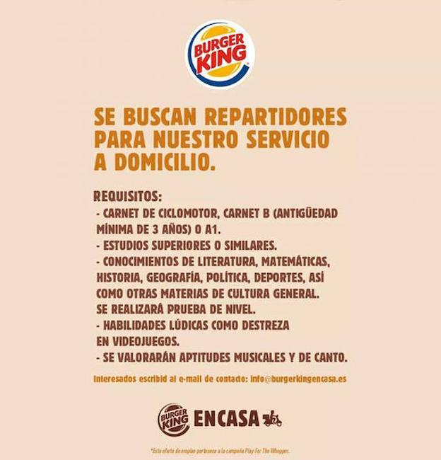 Los requisitos que 'pide' Burger King para ser repartidores
