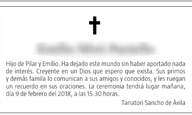 El peculiar último adiós en una esquela: «Deja este mundo sin haber aportado nada de interés»