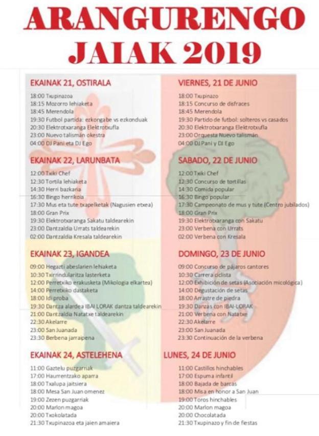 Programa de fiestas de Aranguren 2019 en Zalla