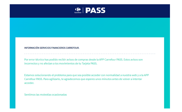 Tarjeta Carrefour Pass: avisos de compras incorrectos por error técnico