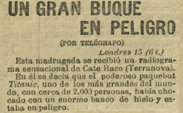 Titular de la primera noticia sobre el Titanic (El Liberal de Bilbao 16 de abril de 1912). 