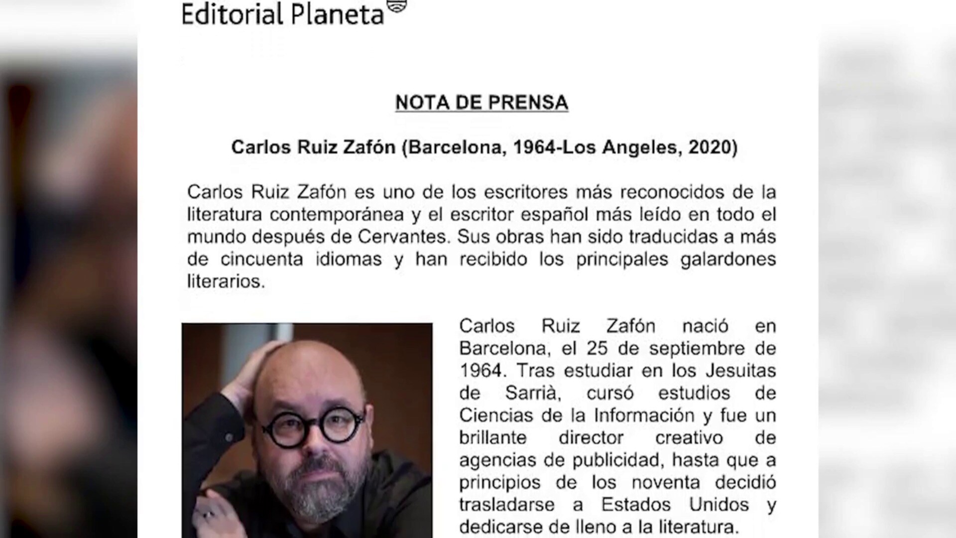 Muere a los 55 años el escritor Carlos Ruiz Zafón, Cultura