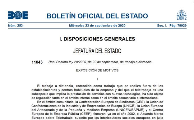Ley de teletrabajo: rd del BOE del 22 de septiembre de 2020