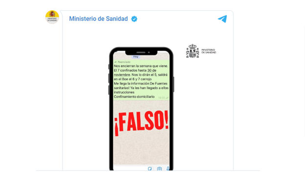 Sanidad alerta de un bulo que circula por Whatsapp donde se dice que el 7 de noviembre habrá confinamiento