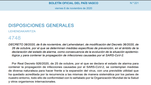 BOPV del 6 de noviembre de 2020: restricciones por el coronavirus en el País Vasco