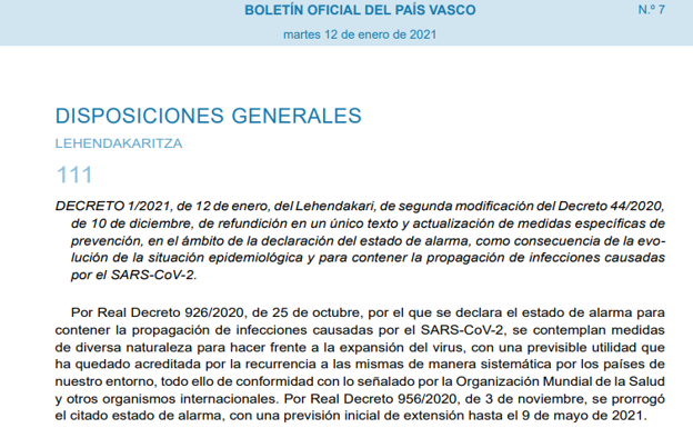 BOPV: Boletín Oficial del País Vasco del 12 de enero de 2021 con las nuevas restricciones por el coronavirus