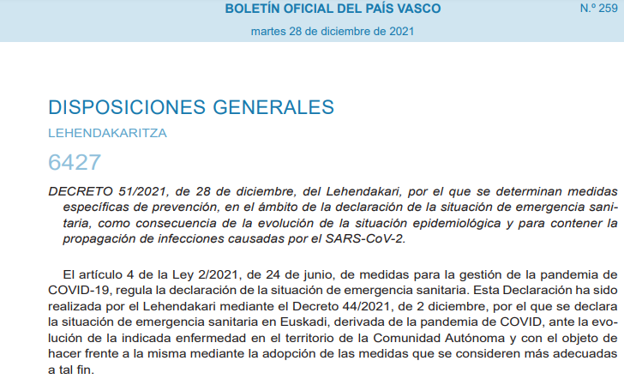 BOPV del 28 de diciembre de 2021 con las nuevas restricciones