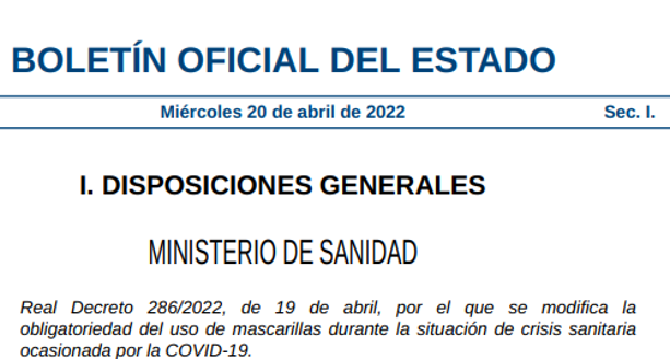 Consulta el BOE que pone fin al uso obligatorio de la mascarilla en espacios interiores
