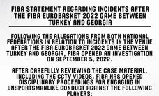 La FIBA abre expediente disciplinario a todos los implicados de la pelea del Georgia-Turquía