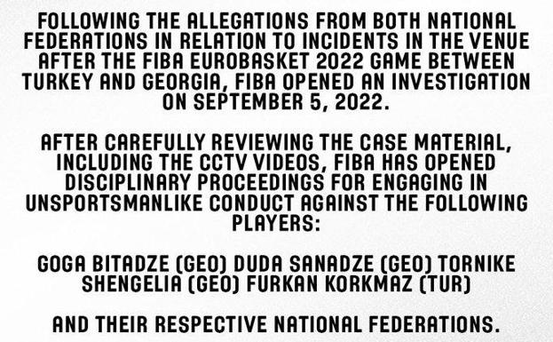 La FIBA abre expediente disciplinario a todos los implicados de la pelea del Georgia-Turquía