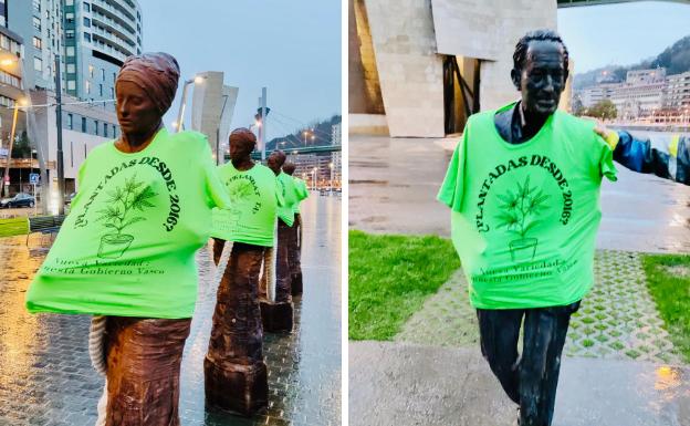 Cubren con camisetas verdes varias estatuas de Bilbao para pedir pasos en favor del cannabis