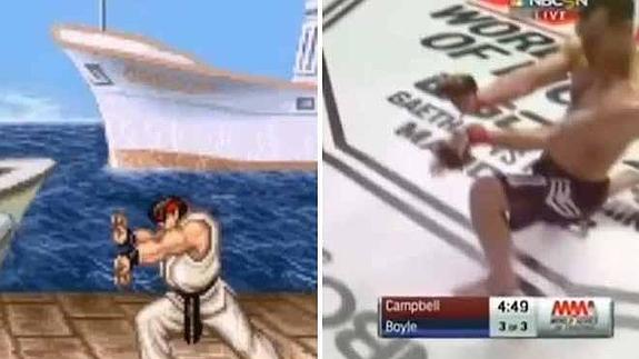 Hace un movimiento del Street Fighter en pleno combate