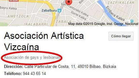 Google presenta a la Asociación Artística Vizcaína como un grupo de gays y lesbianas