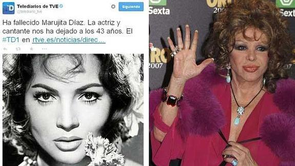 TVE anuncia la muerte de Marujita Díaz "a los 43 años" y con una foto de Sara Montiel