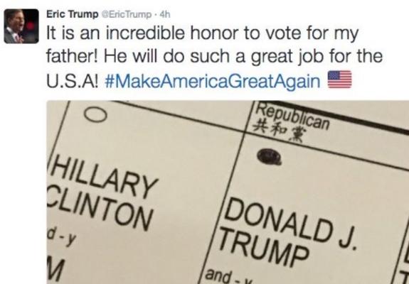 Un hijo de Trump habría incumplido la ley al divulgar una foto de su voto