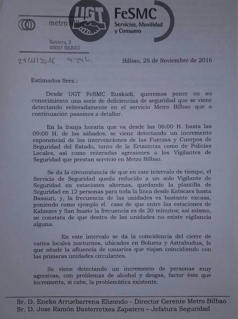 UGT reclamó hace un mes más medidas de seguridad a la dirección de Metro Bilbao sin obtener respuesta