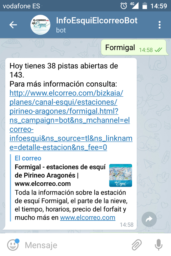 ElCorreo.com crea un bot en Telegram para los aficionados al esquí